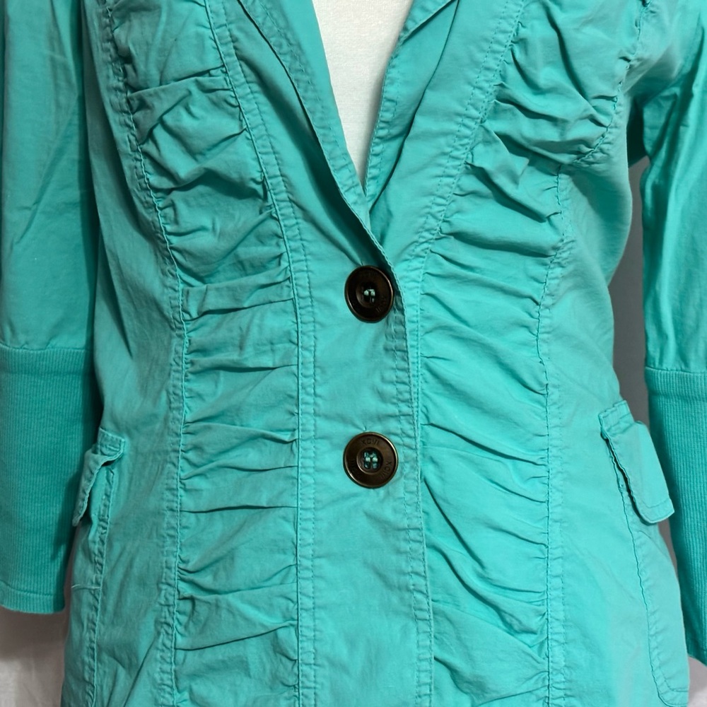 XCVI Teal Ruched Front 3/4 Sleeve Lightweight Blazer Jacket Size Small - Picture 6 of 8